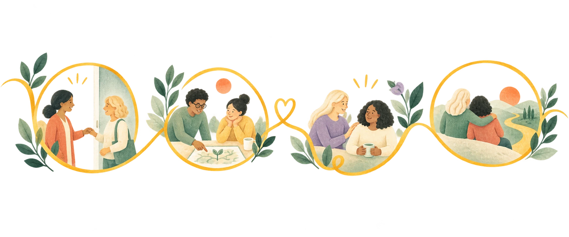 A flowing relationship path through welcome, shared work, mutual support, and enduring friendship.