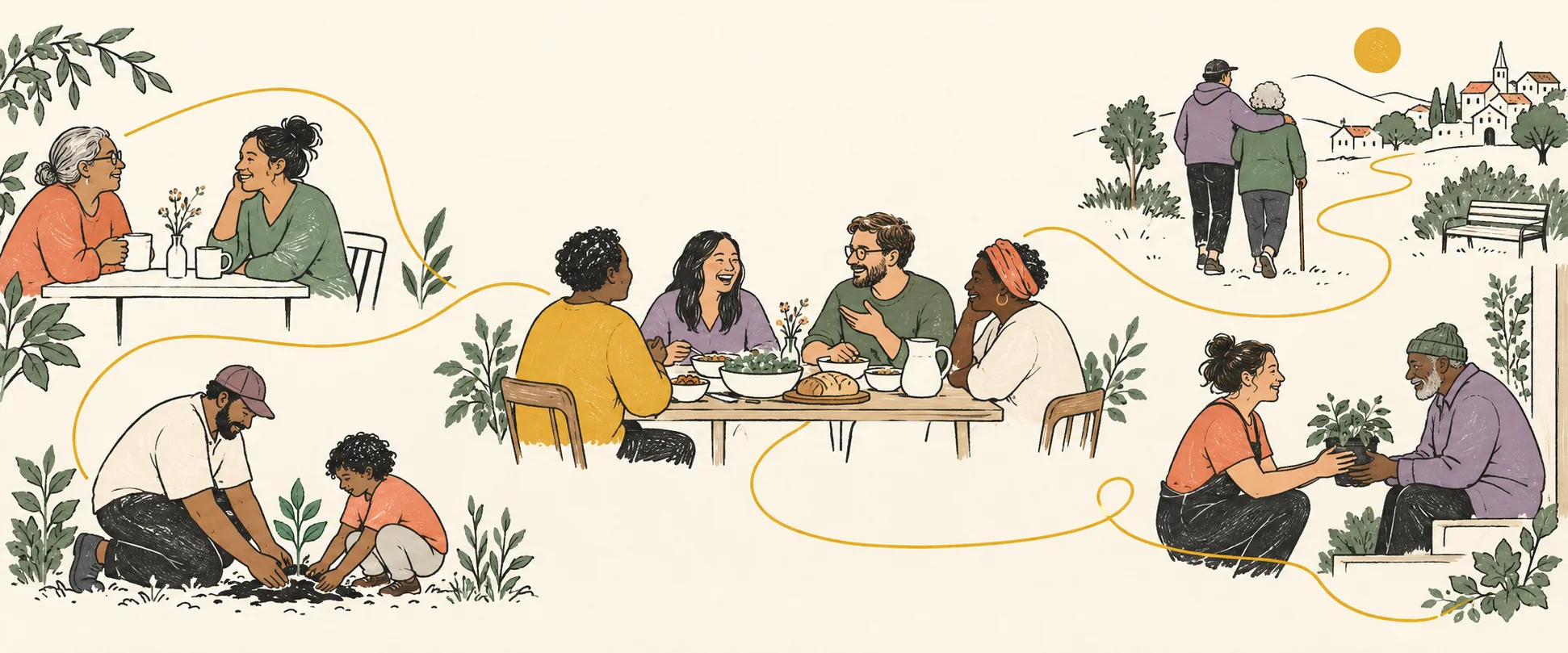 Friends sharing conversation, a meal, a walk, and mutual care across a connected community.